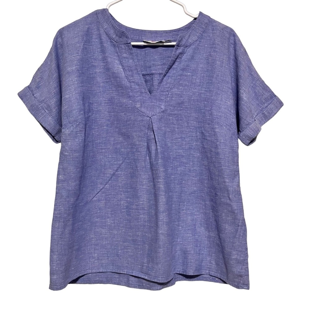 Vineyard Vines Blouse Womens Blue Linen Blend Short Sleeve Split Neck Top 4